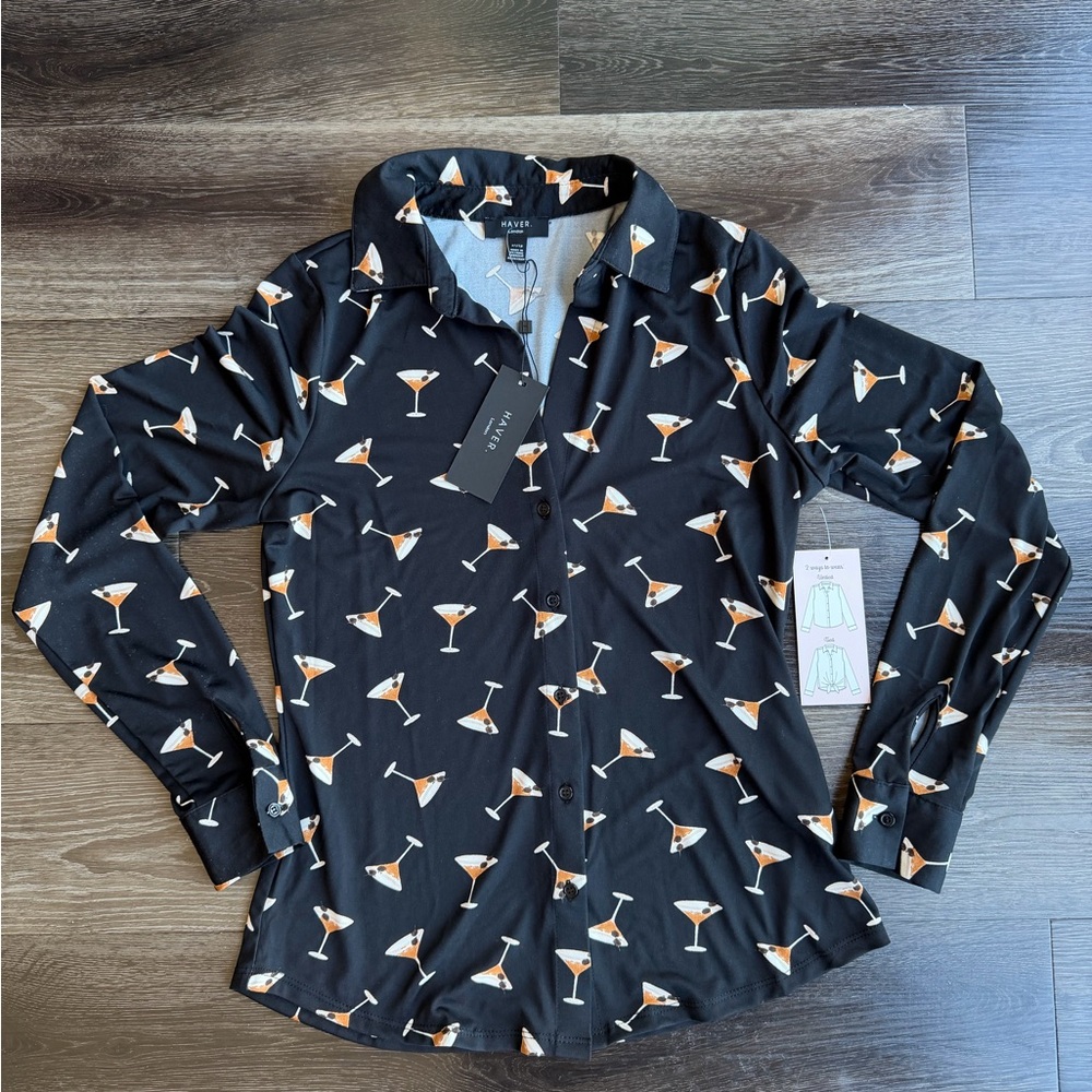 NWT Haver London black blouse Martini Glass Print women’s size XS